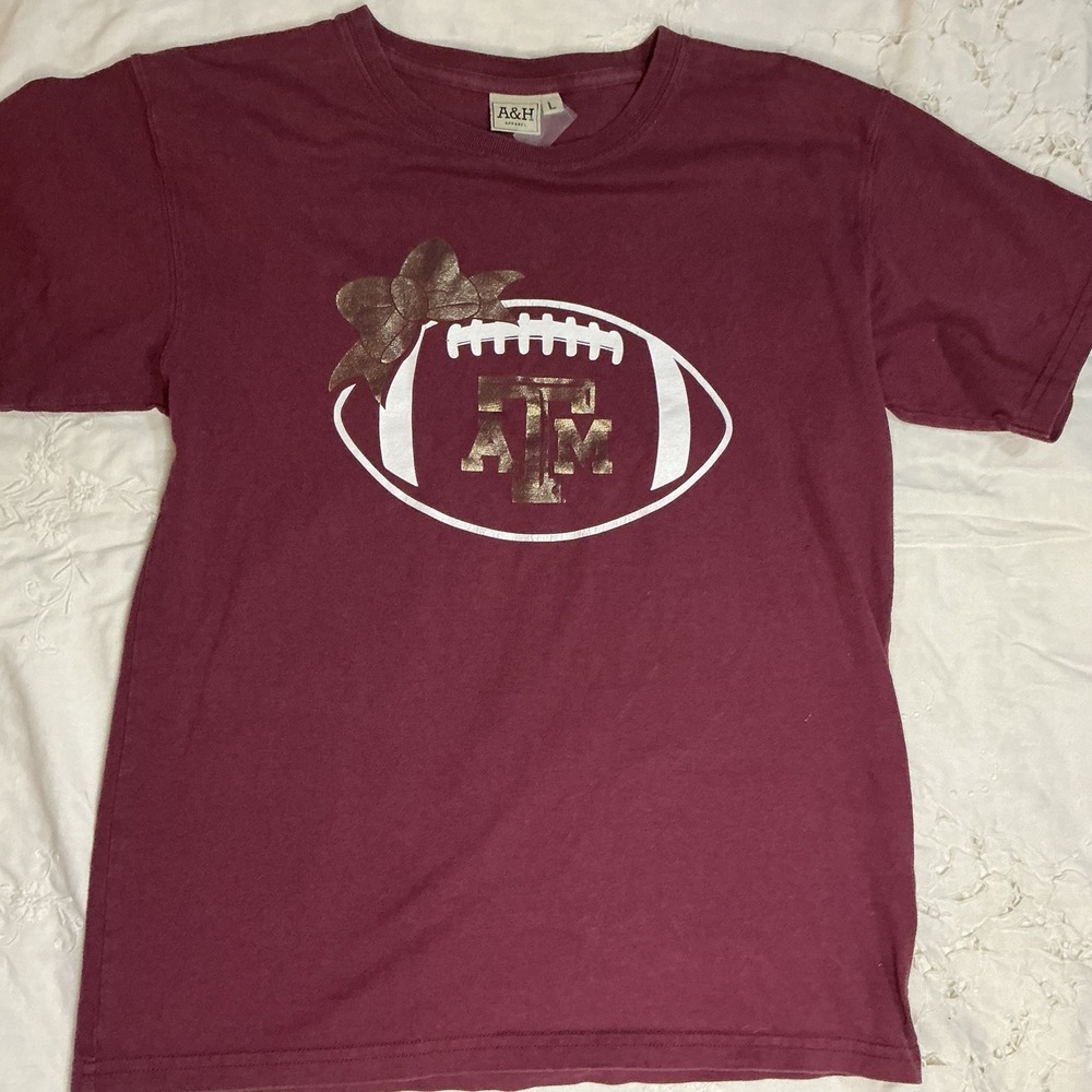 Texas A&M Aggies Shirt Girls Youth Large Maroon White Football Gold Bow Gold ATM